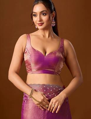 Pink embellished sequinned silk blend heavy work saree 4