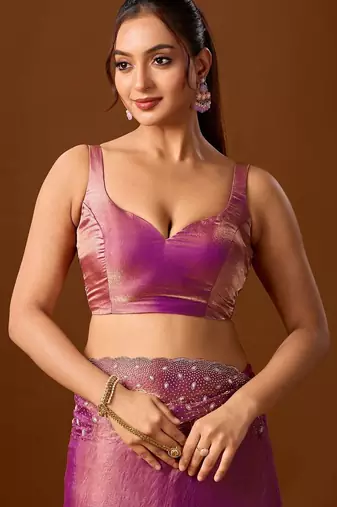 Pink embellished sequinned silk blend heavy work saree