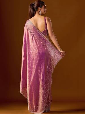 Pink embellished sequinned silk blend heavy work saree 5