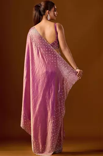 Pink embellished sequinned silk blend heavy work saree