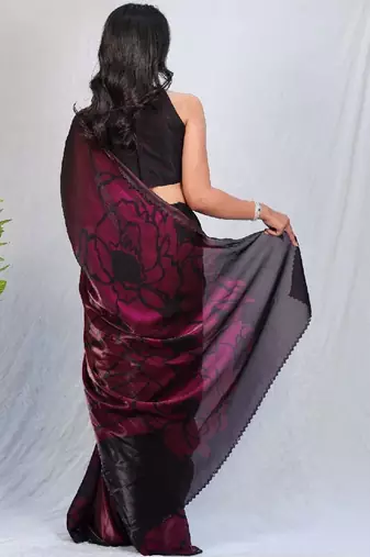Maroon floral beads and stones poly chiffon saree