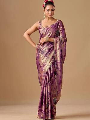 Purple floral beads and stones organza saree 1