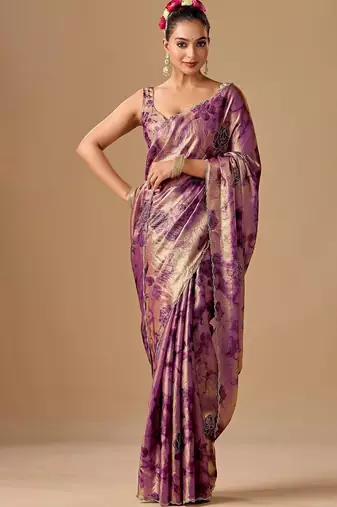 Purple floral beads and stones organza saree
