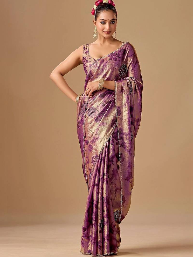 Purple floral beads and stones organza saree