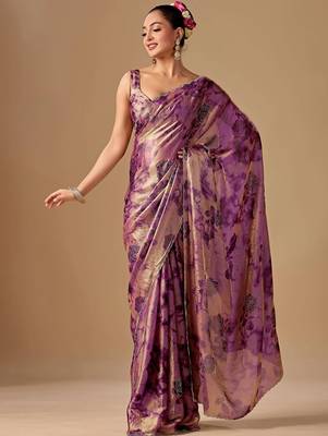 Purple floral beads and stones organza saree 2