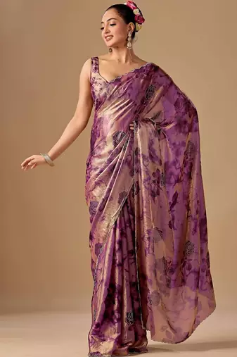 Purple floral beads and stones organza saree