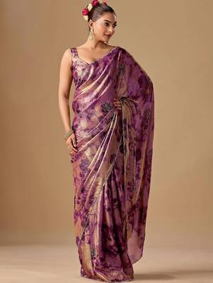Purple floral beads and stones organza saree 3