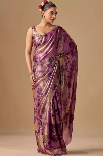 Purple floral beads and stones organza saree
