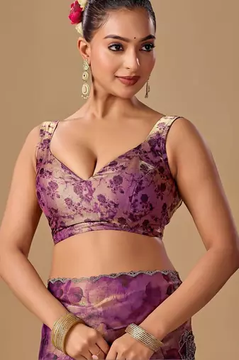 Purple floral beads and stones organza saree