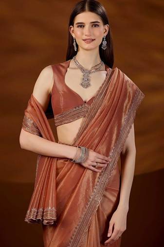 Copper embroidered tissue saree