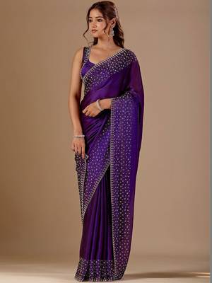 Purple embellished beads and stones organza heavy work saree 1