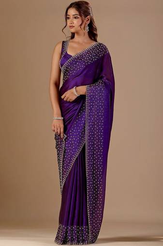 Purple embellished beads and stones organza heavy work saree