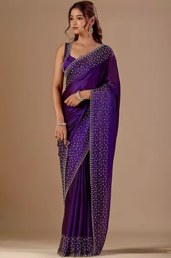 Purple embellished beads and stones organza heavy work saree
