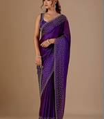 Purple embellished beads and stones organza heavy work saree