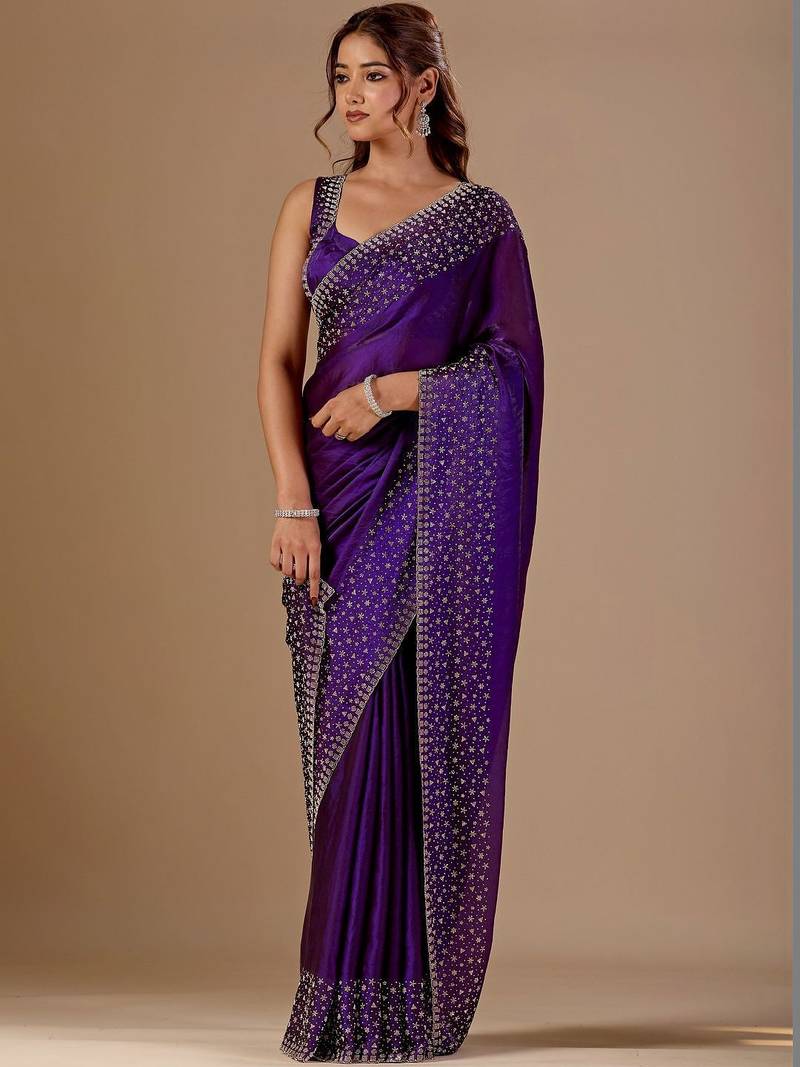 Purple embellished beads and stones organza heavy work saree
