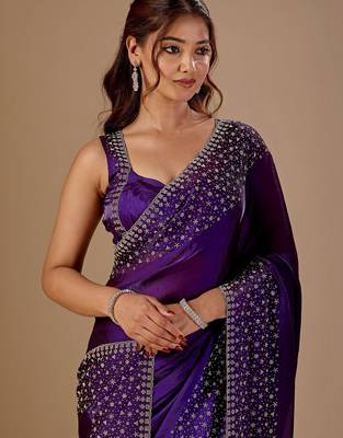 Purple embellished beads and stones organza heavy work saree 2