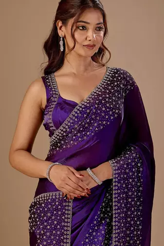 Purple embellished beads and stones organza heavy work saree