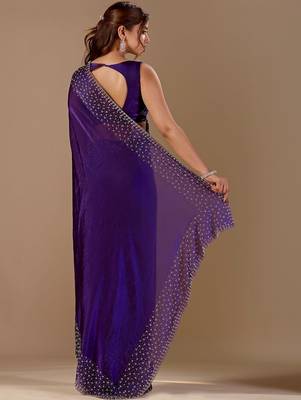 Purple embellished beads and stones organza heavy work saree 3