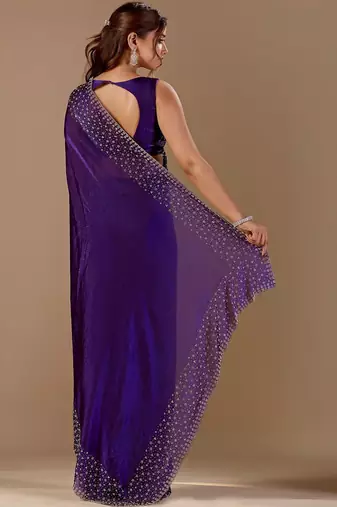 Purple embellished beads and stones organza heavy work saree