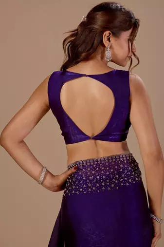 Purple embellished beads and stones organza heavy work saree