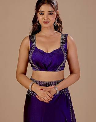 Purple embellished beads and stones organza heavy work saree 5