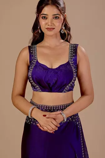 Purple embellished beads and stones organza heavy work saree
