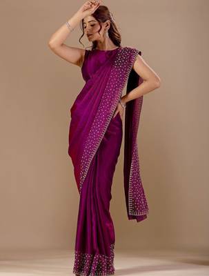 Purple embellished beads and stones organza heavy work saree 1