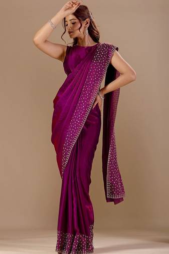 Purple embellished beads and stones organza heavy work saree