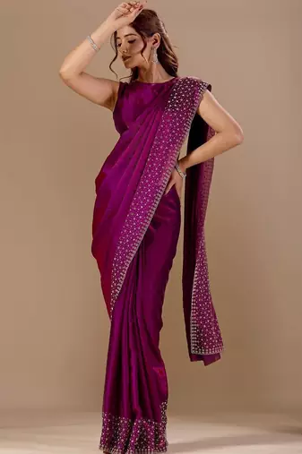 Purple embellished beads and stones organza heavy work saree