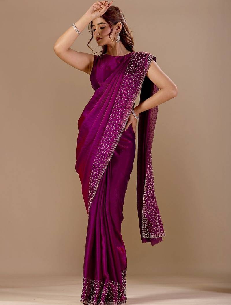 Purple embellished beads and stones organza heavy work saree