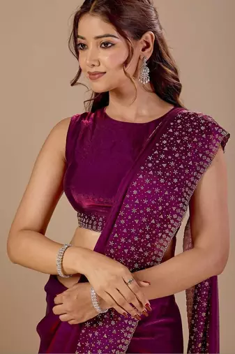 Purple embellished beads and stones organza heavy work saree