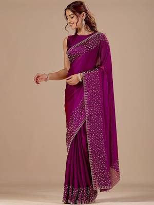 Purple embellished beads and stones organza heavy work saree 3