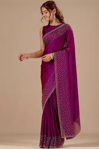 Purple embellished beads and stones organza heavy work saree