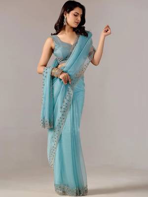 Turquoise embroidered  chiffon saree 1