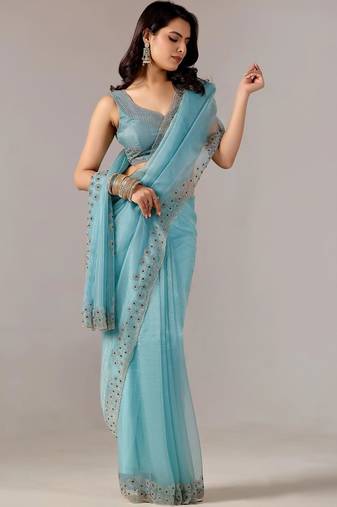 Turquoise embroidered  chiffon saree