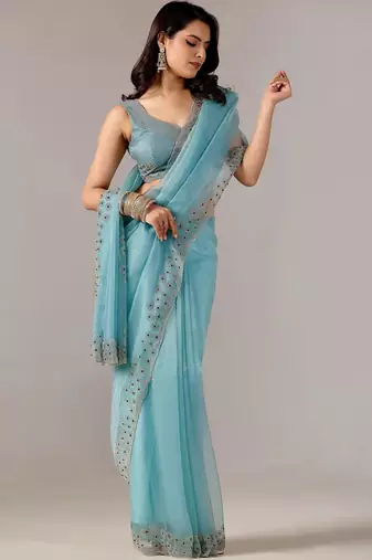 Turquoise embroidered  chiffon saree