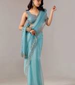 Turquoise embroidered  chiffon saree