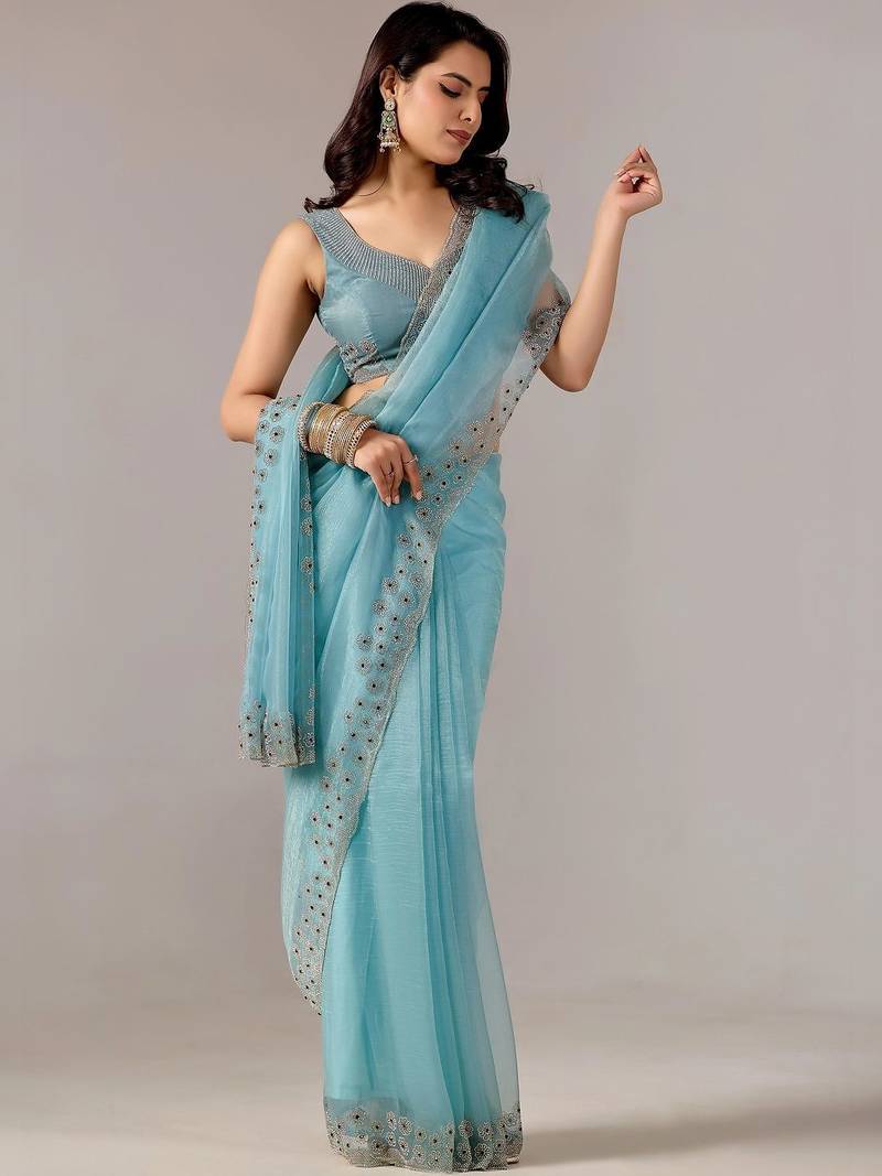 Turquoise embroidered  chiffon saree