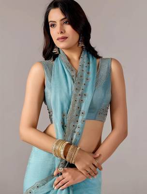 Turquoise embroidered  chiffon saree 2