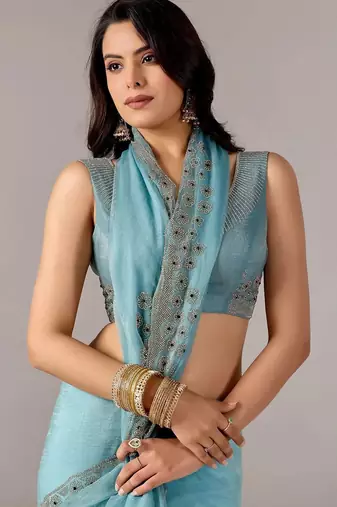 Turquoise embroidered  chiffon saree