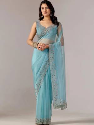 Turquoise embroidered  chiffon saree 3
