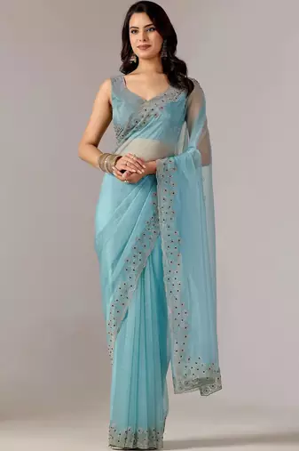 Turquoise embroidered  chiffon saree