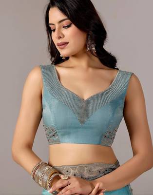 Turquoise embroidered  chiffon saree 4