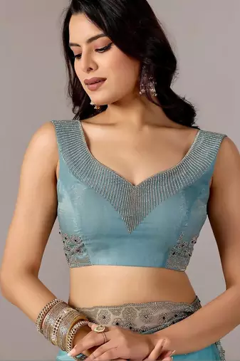 Turquoise embroidered  chiffon saree