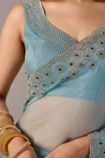 Turquoise embroidered  chiffon saree