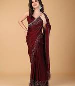Red stonework embellished beads border satin saree with unstitched blouse