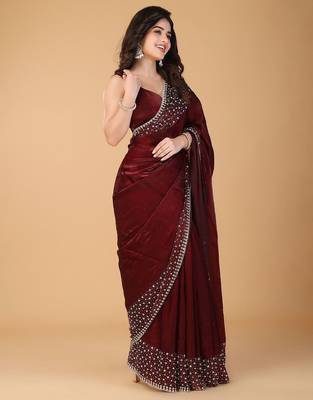Red stonework embellished beads border satin saree with unstitched blouse 2