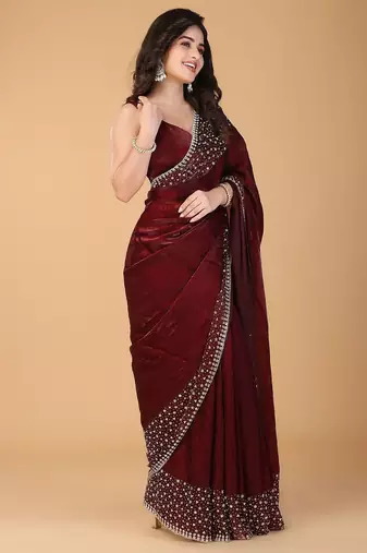 Red stonework embellished beads border satin saree with unstitched blouse