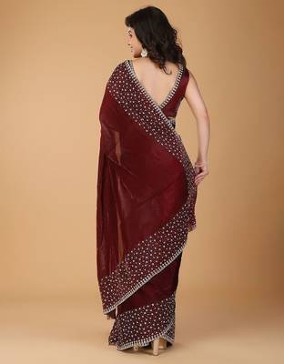 Red stonework embellished beads border satin saree with unstitched blouse 3