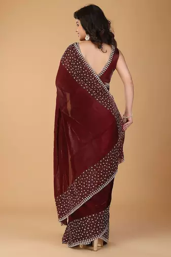 Red stonework embellished beads border satin saree with unstitched blouse